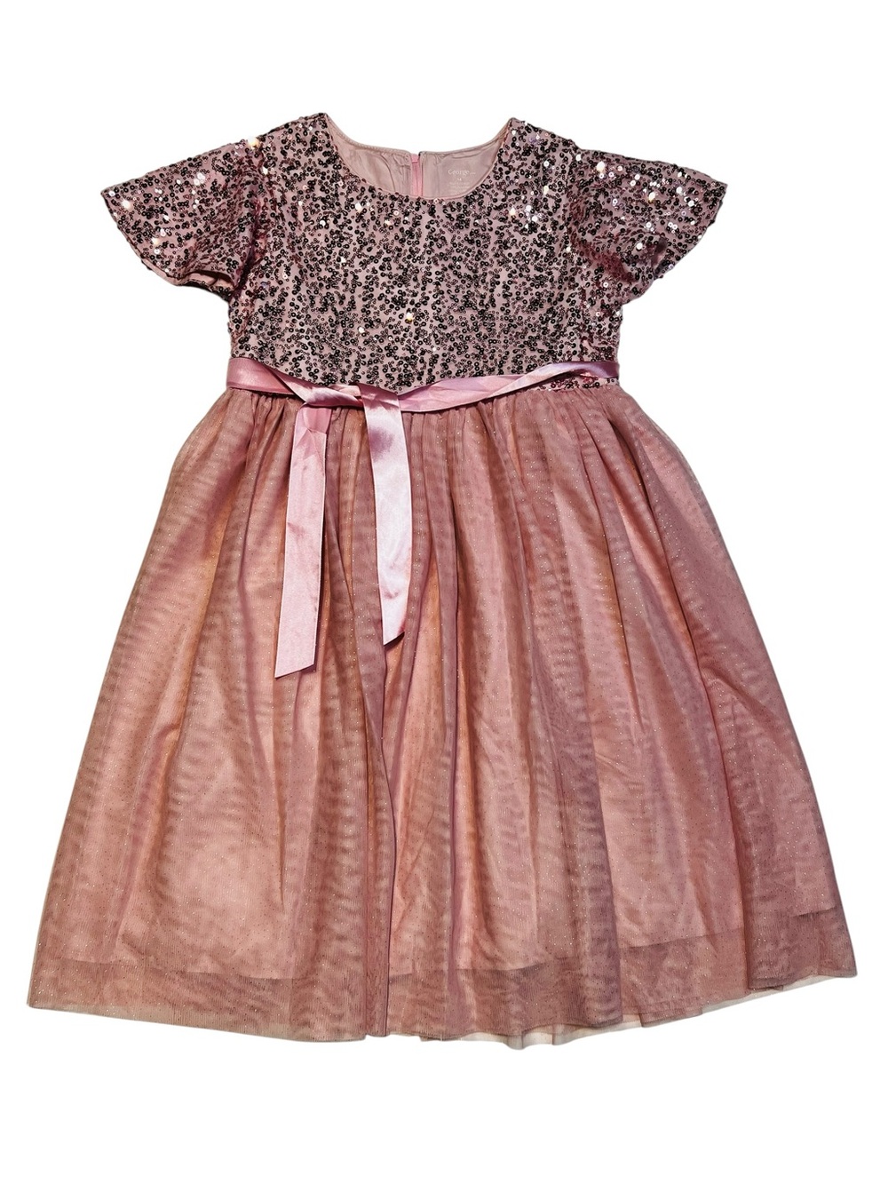 George‎ Rose Pink Sequin Tulle Dress with Satin Sash